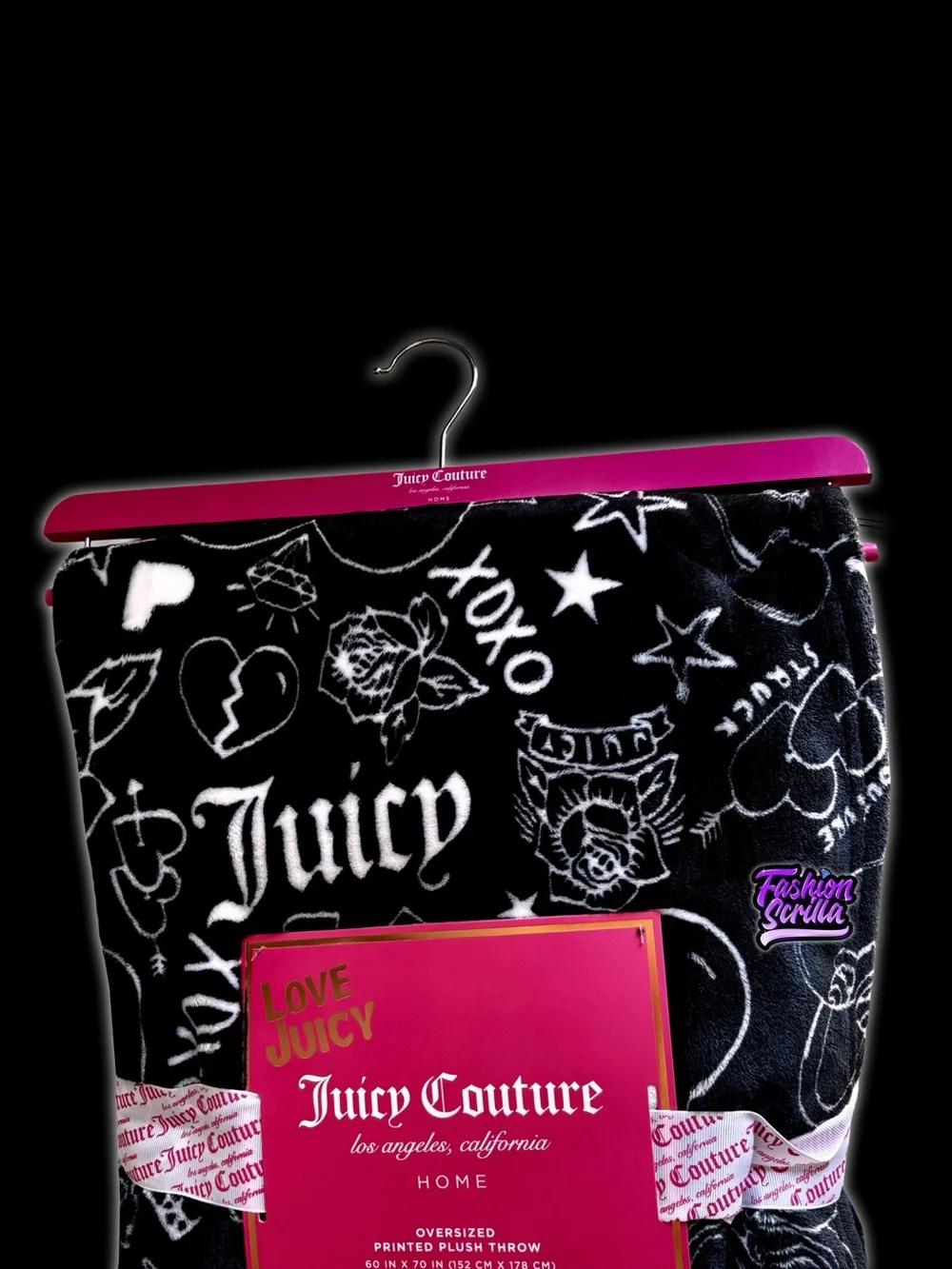 Juicy Couture RARE Oversized Plush Throw Blanket Y2K Tattoo Flash Doodle Design
